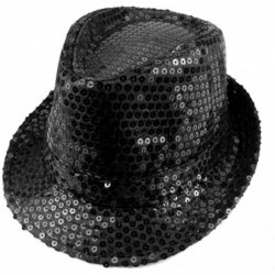 Fedoras Women Girl Fedora Trilby Homburg Stetson Short Brim Sequin Glitter Hat Metallic - Black - CR12O5LAP0A $29.14