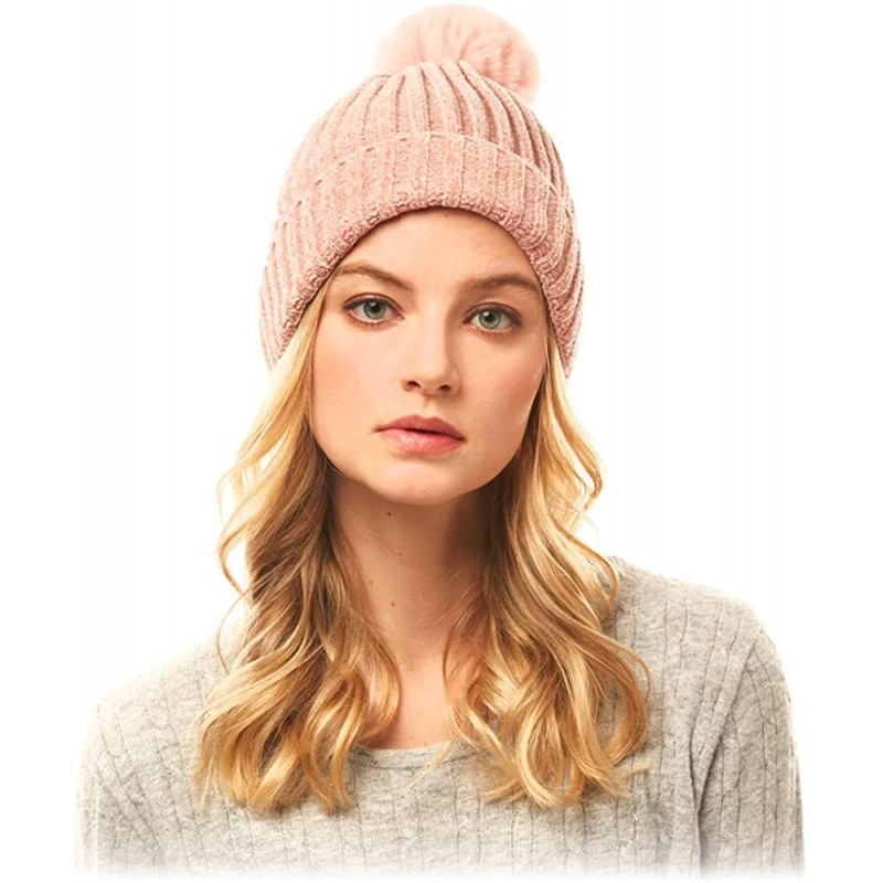 Skullies & Beanies Me Plus Women Fashion Fall Winter Soft Cable Knitted Faux Fur Pom Pom Beanie Hat - Solid Chenille - Pink -...