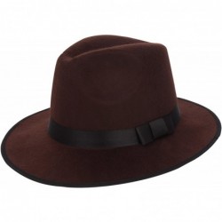 Fedoras Men's Vintage Wide Brim Hard Felt Fedora Panama Hat with Bowknot Black Ribbon - Brown - CN12GEIRDQH $38.11