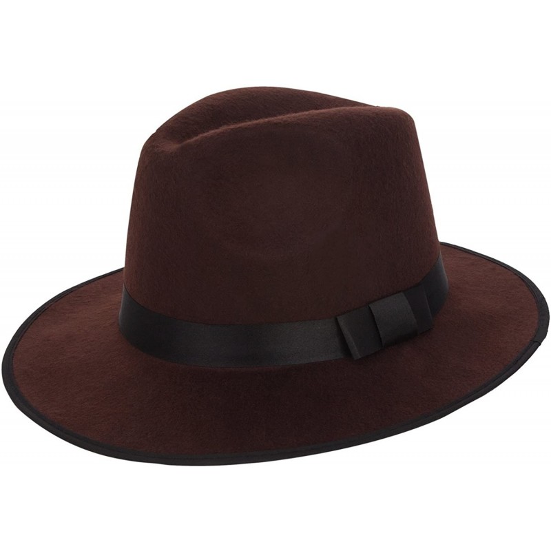Fedoras Men's Vintage Wide Brim Hard Felt Fedora Panama Hat with Bowknot Black Ribbon - Brown - CN12GEIRDQH $37.18