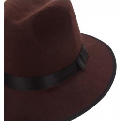 Fedoras Men's Vintage Wide Brim Hard Felt Fedora Panama Hat with Bowknot Black Ribbon - Brown - CN12GEIRDQH $37.18