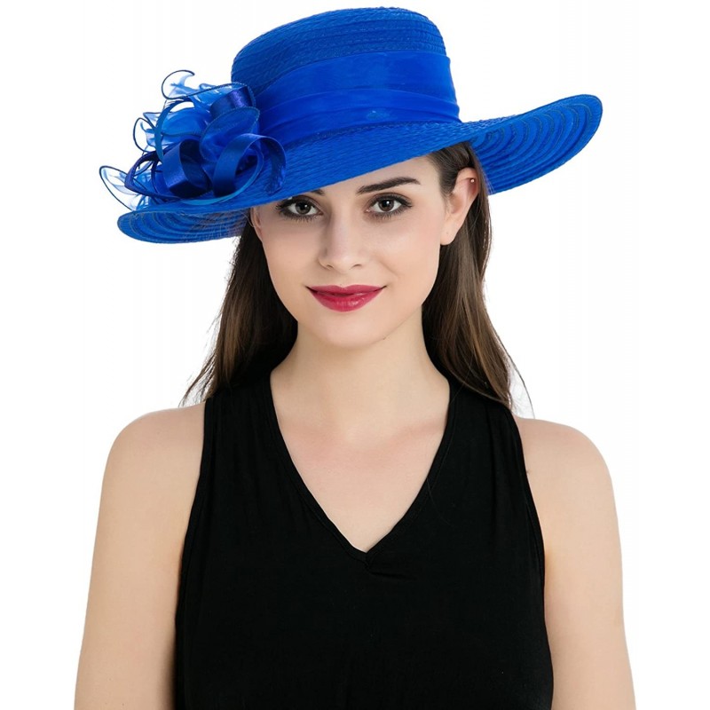 Sun Hats Women's Organza Wide Brim Floral Ribbon Kentucky Derby Church Dress Sun Hat - Blue - C117XX8ON86 $35.62