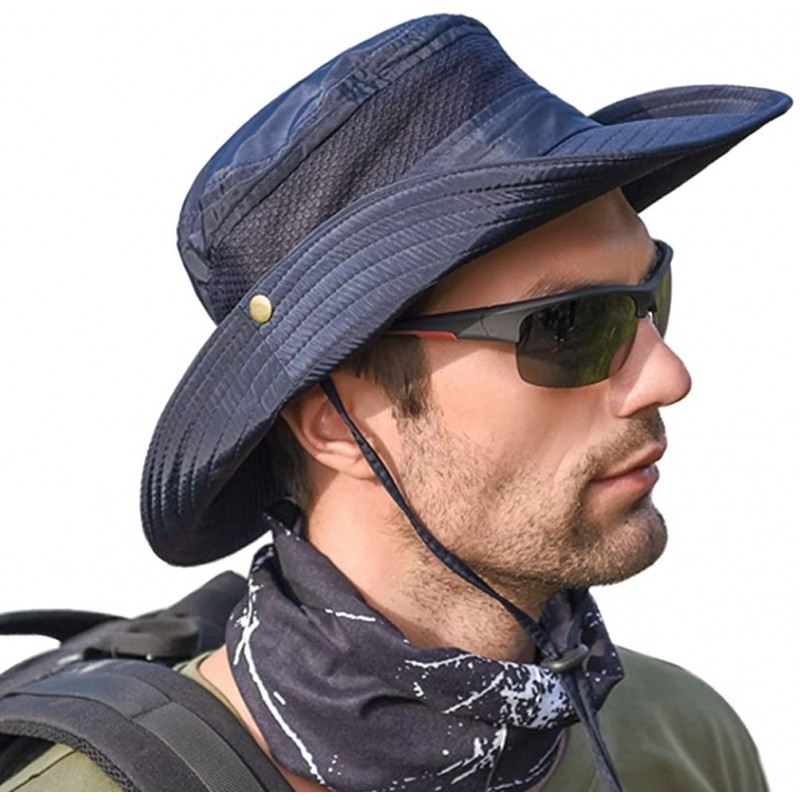 Sun Hats Men's Outdoor Waterproof Fishing Hat UPF 50+ Bucket Sun Hat Mesh Sun Block Cap - Navy Blue - CZ18S6KHUC9 $21.96