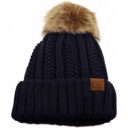 Skullies & Beanies Winter Sherpa Fleeced Lined Chunky Knit Stretch Pom Pom Beanie Hat Cap - Solid Navy - C718K2SCG87 $31.27