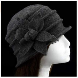 Bucket Hats Womens Girls Warm Wool Cloche Round Hat Wrinkled Floral Fedora Bucket Vintage Hat for Ladies - Dark Gray - CN18KG...