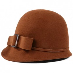 Bucket Hats Women Solid Color 100% Wool Winter Hat Women Cloche Bucket Bowler with Bowknot - Khaki - CE1934US5SH $58.04