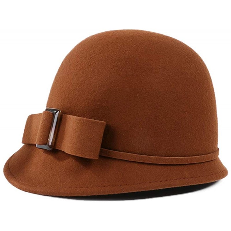 Bucket Hats Women Solid Color 100% Wool Winter Hat Women Cloche Bucket Bowler with Bowknot - Khaki - CE1934US5SH $60.12