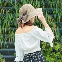Sun Hats Women Elegant Bowknot Floppy Beach Straw Hats Wide Brim Packable Sun Cap - Bowknot Navy Blue - CV18EZNH6XH $29.08