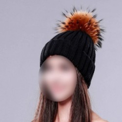 Skullies & Beanies Knitted Real Fur Hat 100% Real Raccoon Fur Pom Pom Hat Winter Women Hat Beanie for Women - Brown - CZ18LZ8...