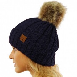 Skullies & Beanies Winter Sherpa Fleeced Lined Chunky Knit Stretch Pom Pom Beanie Hat Cap - Solid Navy - C718K2SCG87 $31.27