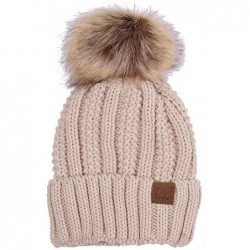 Skullies & Beanies Exclusive Knitted Hat with Fuzzy Lining with Pom Pom - Beige - C012K7GMB3H $31.92