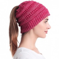 Skullies & Beanies Ponytail Messy Bun Beanie Tail Knit Hole Soft Stretch Cable Winter Hat for Women - 2 Tone Hot Pink - CF18X...