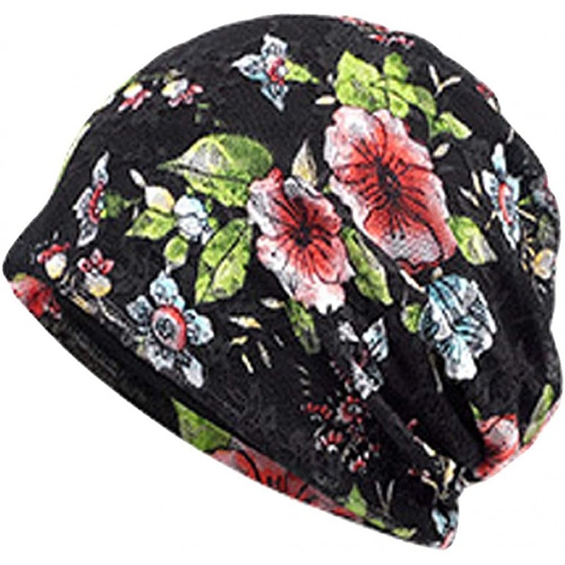 Skullies & Beanies Cotton Slouchy Beanie Hat Hair Covers Soft Night Sleep Cap for Women - Black Flower - CL18QX5IS2S $12.85