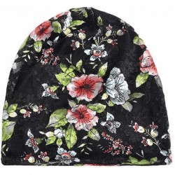 Skullies & Beanies Cotton Slouchy Beanie Hat Hair Covers Soft Night Sleep Cap for Women - Black Flower - CL18QX5IS2S $12.85