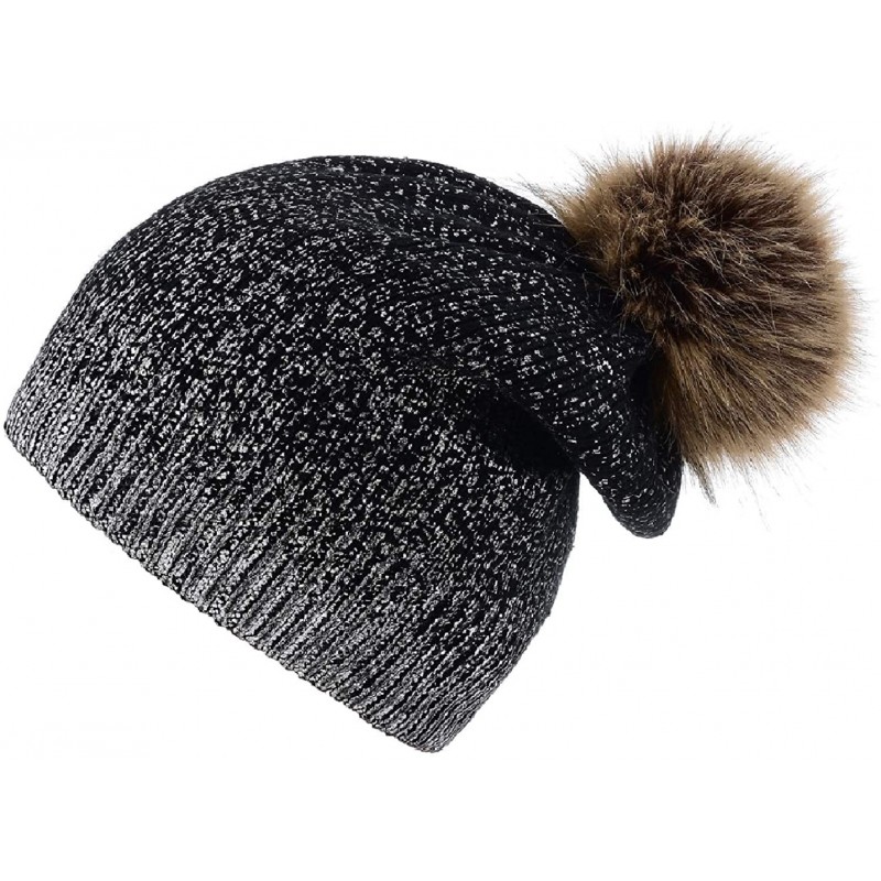 Skullies & Beanies Women Winter Warm Knit Thick Skull Hat Cap Pom Pom Shiny Slouchy Beanie Hats - Beanie Black-sliver - CY18I...