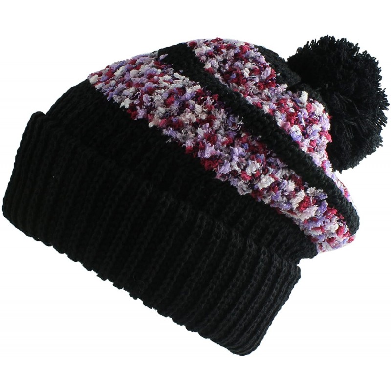 Berets Multi Color Pom Pom Crochet Thick Knit Slouchy Beanie Beret Winter Ski Hat - Chenille Black - CG12C3JB9YN $20.57