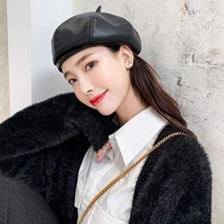 Berets Women Faux Leather Solid Beret French Artist Tam Beanie Hat Cap - 0464 Black - C61938H8O5W $20.14