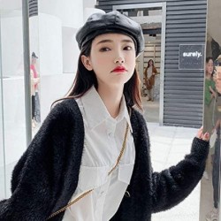 Berets Women Faux Leather Solid Beret French Artist Tam Beanie Hat Cap - 0464 Black - C61938H8O5W $20.14