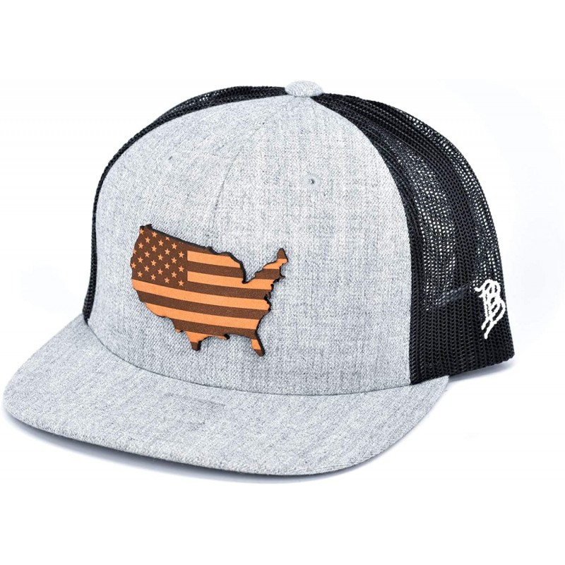 Baseball Caps 'The Patriot' Leather Patch Hat Flat Trucker - One Size Fits All - Heather Grey/Black - CQ18IGR4LS4 $49.70