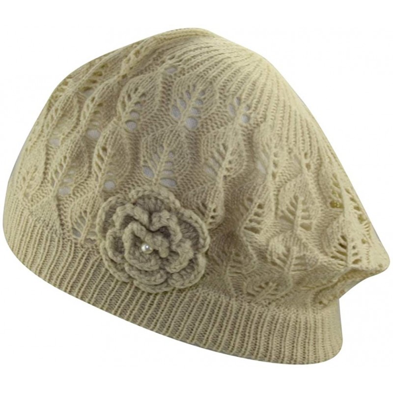 Skullies & Beanies Womens Super Soft Flower Laciness Knit Beanie Hat - Beige - CM11ZVCXBA9 $18.70