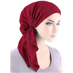 Skullies & Beanies Women Draped Pre-Tied Headwear Striped Scarf Elastic Chemo Hat Soft Knit Beanie Sleep Turban - Red - C718N...