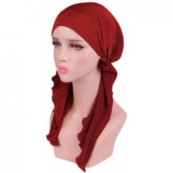 Skullies & Beanies Women Draped Pre-Tied Headwear Striped Scarf Elastic Chemo Hat Soft Knit Beanie Sleep Turban - Red - C718N...