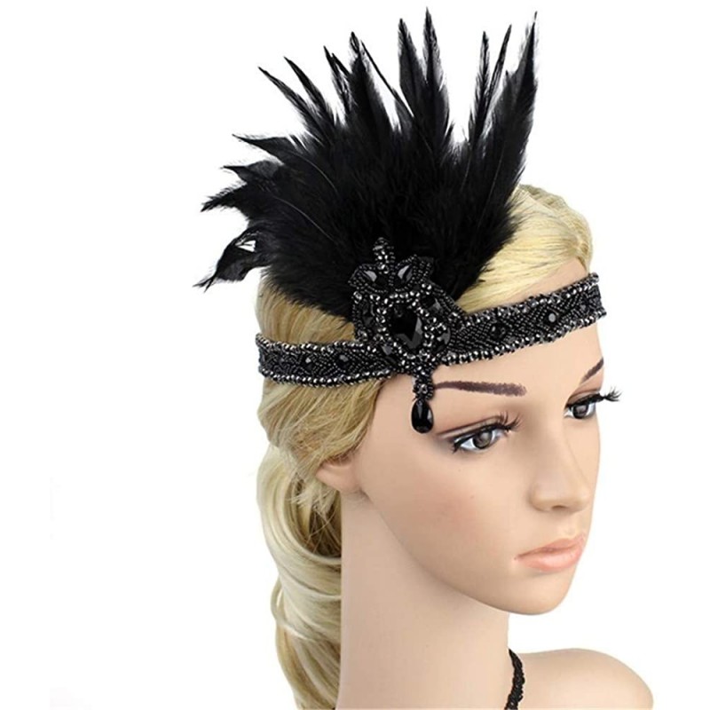 Headbands 1920s Headpiece Feather Flapper Headband Great Gatsby Headdress Vintage Accessory - Black -6 - C118K6QZE6X $18.76