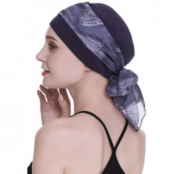 Headbands Elegant Chemo Cap With Silky Scarfs For Cancer Women Hair Loss Sleep Beanie - Navy - CM18LXASDLE $24.07
