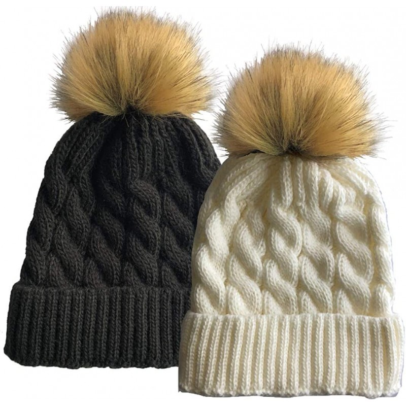 Skullies & Beanies Women Cable Knit Slouchy Thick Winter Hat Beanie Pom Pom 1- 2 and 3 Pack - 2 Pack (Black & White) - CV187I...
