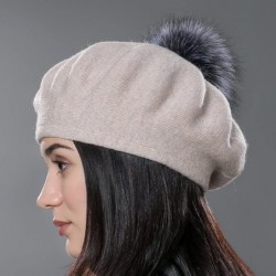Berets Unisex Winter Hat Womens Knit Wool Beret Cap with Fur Ball Pom Pom - Beige - CJ12MYKZYS7 $54.94