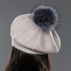Berets Unisex Winter Hat Womens Knit Wool Beret Cap with Fur Ball Pom Pom - Beige - CJ12MYKZYS7 $48.63