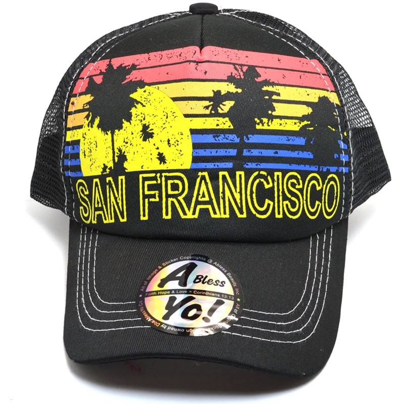 Baseball Caps Vintage Trucker Sun & Palm Tree Printed Flat Bill Hat Snapback Cap AYO1102 - San Francisco - CF18CKHZAT6 $26.39