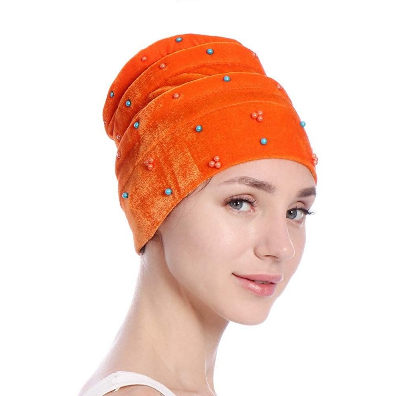 Skullies & Beanies Women Hearwear Velvet Hat Muslim Ruffle Cancer Chemo Beanie Wrap Cap - Orange - CU18I3GU2X0 $14.97