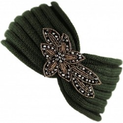 Headbands Sequin Knit Headband with Flower Decoration - Olive - CL126FUYEWP $17.82