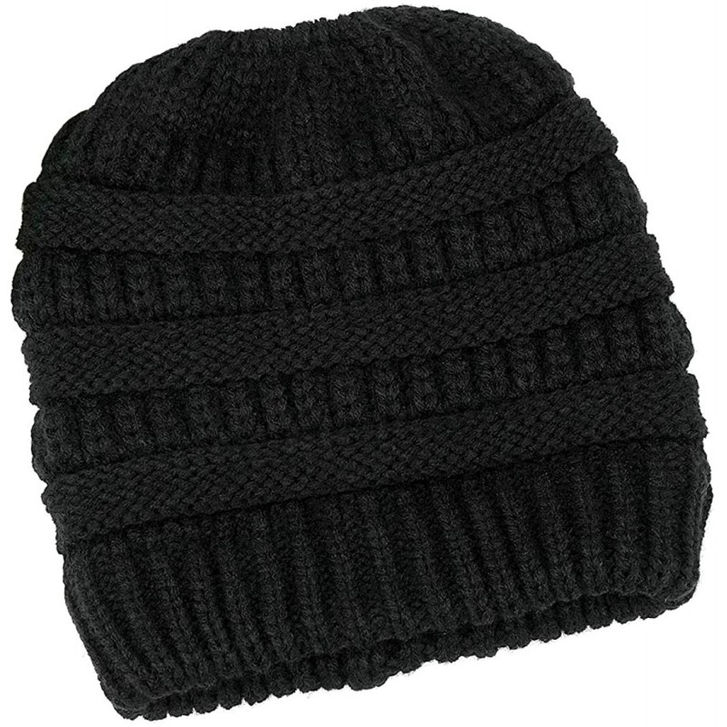 Skullies & Beanies Trendy Knit Hat Cable Beanie Stretch Chunky Winter Bun Ponytail Beanie - Black - CL187G6TO57 $20.41