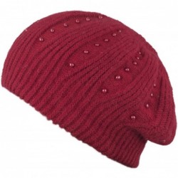 Skullies & Beanies Women's Angora Blend Beanie Hat - Dual Layer Pearl Accent Edge - Slouch Beanie - Red - C112MAN6ASG $41.65
