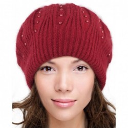 Skullies & Beanies Women's Angora Blend Beanie Hat - Dual Layer Pearl Accent Edge - Slouch Beanie - Red - C112MAN6ASG $32.21