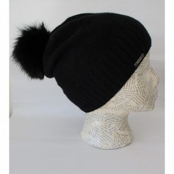 Skullies & Beanies Cashmere Fleece Lined Hat with Rabbit Fur Pom CSH1033R - Black - CX18KEUWRCE $92.37