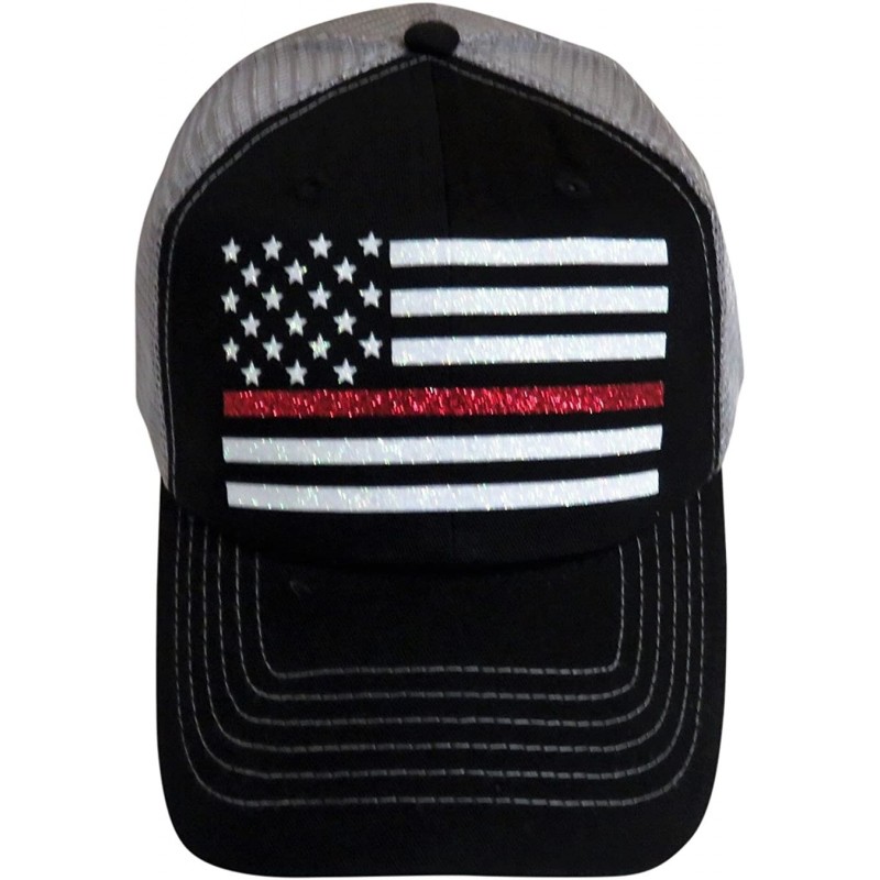 Baseball Caps Glitter Thin Red Line/Flag on Black/Grey Trucker Cap Firefighter - CT189LEKLMT $34.53