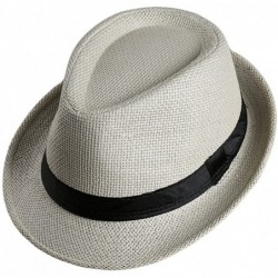 Fedoras Men Women Straw Trilby Hat Fedora Short Upturn Brim FFH391BE1 - Ffh391 Beige 2 (Stripe Decoration) - CZ187HULZC3 $25.75