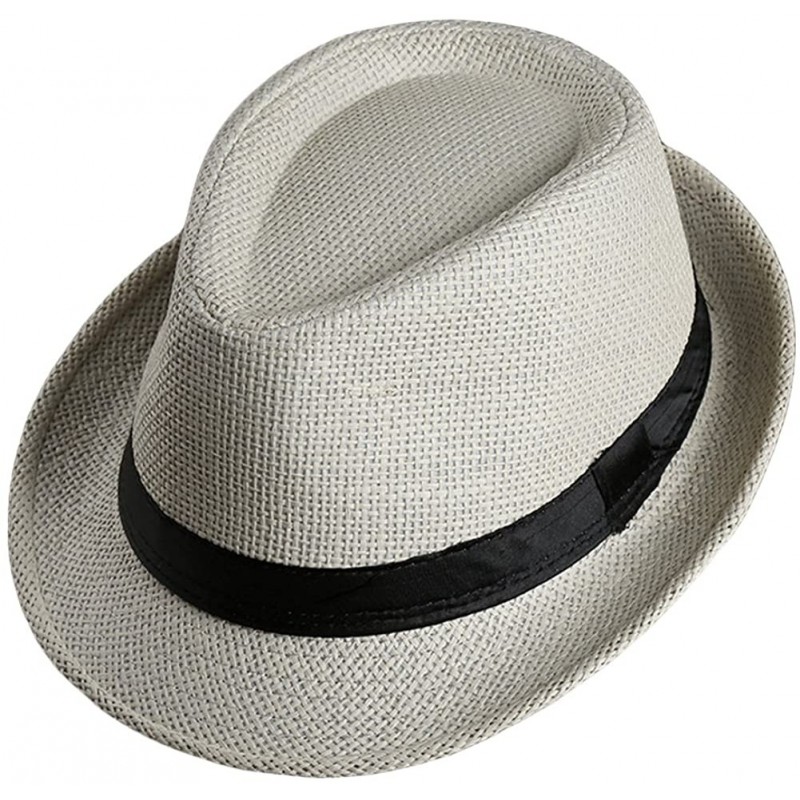 Fedoras Men Women Straw Trilby Hat Fedora Short Upturn Brim FFH391BE1 - Ffh391 Beige 2 (Stripe Decoration) - CZ187HULZC3 $27.52