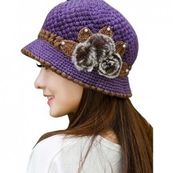 Bucket Hats Women Color Winter Hat Crochet Knitted Flowers Decorated Ears Cap with Visor - Purple - C518LH4CX4T $16.99