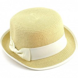 Bucket Hats Stylish Flat Top Paper Woven Porkpie Bucket Hat w/Solid Color Bow - Natural - CZ11LKLG9BT $25.47
