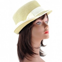 Bucket Hats Stylish Flat Top Paper Woven Porkpie Bucket Hat w/Solid Color Bow - Natural - CZ11LKLG9BT $17.61