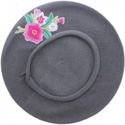 Berets 100% Cotton Beret French Ladies Hat with Pink Flower Bouquet - Grey - C718R0G2ORL $45.27