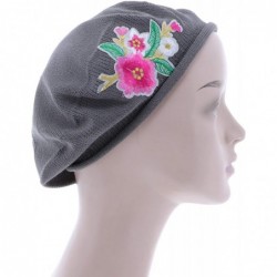 Berets 100% Cotton Beret French Ladies Hat with Pink Flower Bouquet - Grey - C718R0G2ORL $45.27