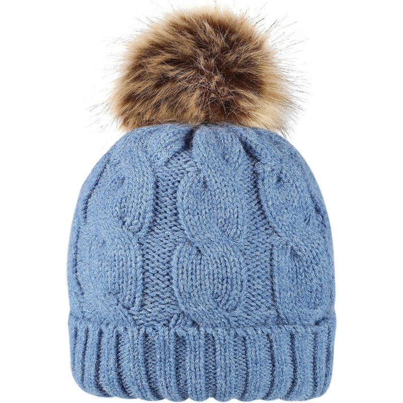 Skullies & Beanies Women's Winter Ribbed Knit Faux Fur Pompoms Chunky Lined Beanie Hats - A Twist Niagara Blue - CT184RQ005R ...