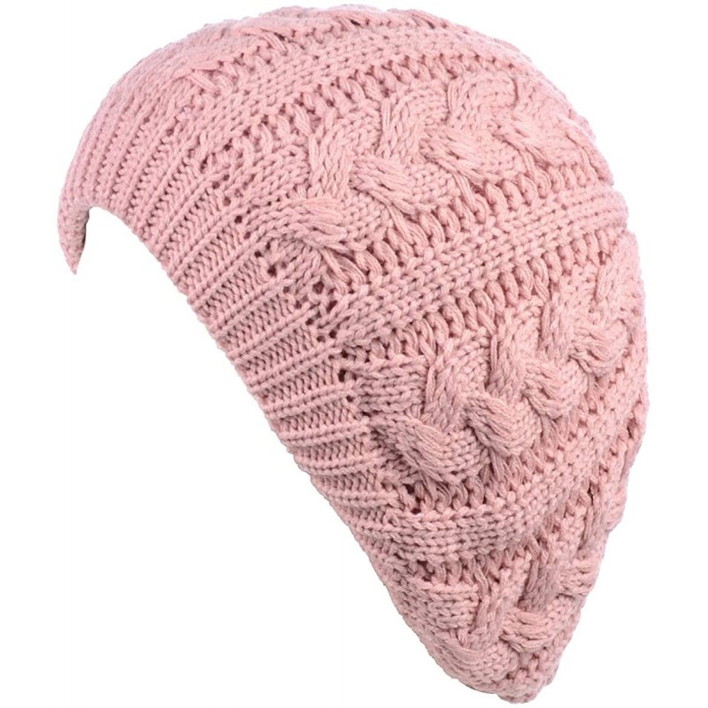Berets Women's Warm Soft Plain Color Urban Boho Slouch Winter Cable Knitted Beret Hat Skull Hat - Pink - CY1936EEMEH $21.72