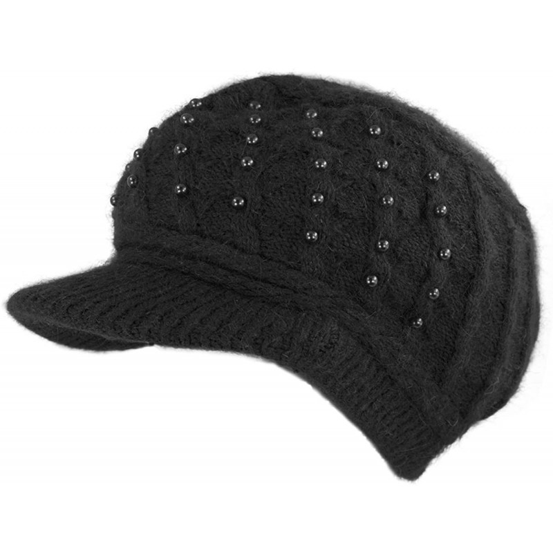 Newsboy Caps Women's Angora Newsboy Cap Hat - Faux Pearl Accent - Dual Layer - Black - CN11Q68MO4H $41.85