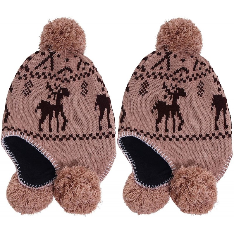 Skullies & Beanies Women's Knit Winter Beanie w/Earflap and Pom Balls - 2pcs_khaki Deer - C918MG88KRG $34.34